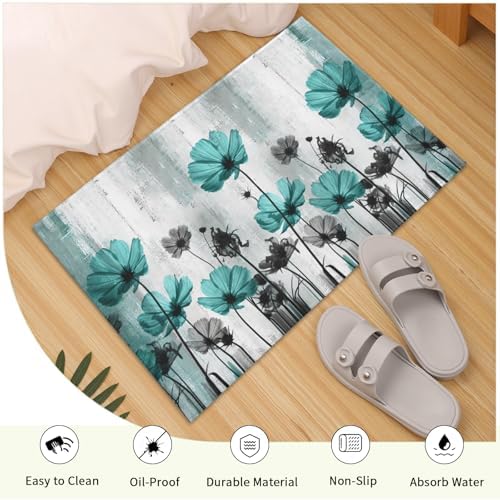 Giwawa Teal Floral Bath Rug Turquoise Flower Bath Carpet Soft Plush Absorbent - Image 5