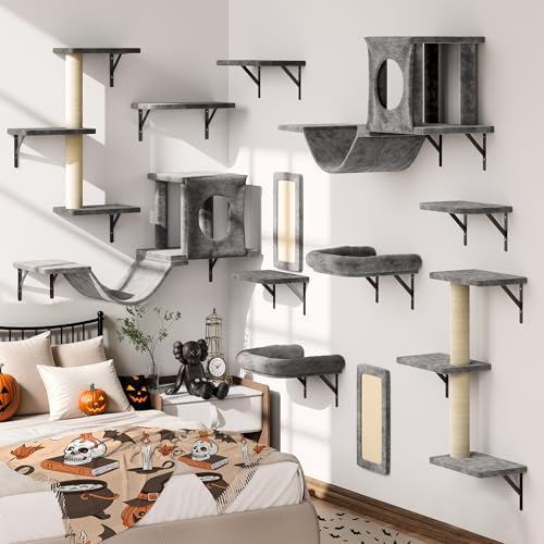 12-in-1 Cat Wall Shelves, Luxury Wall-Mounted Cat Shelves, Dark Gray by NUNULAB