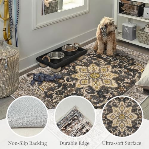 Washable 3x3 Square Rug for Entry Bathroom Kitchen Bedroom Black/Gold - Image 4