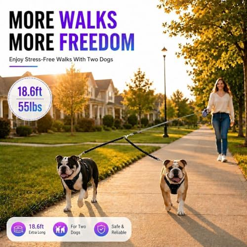 Double Retractable Dog Leash for Two Dogs, Combined Weight Up to 110 lbs – 18.6 - Image 7