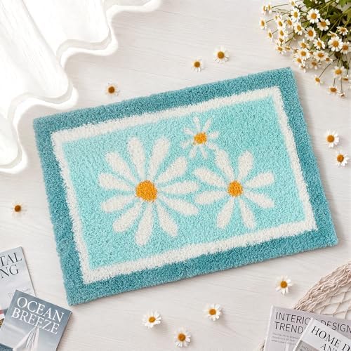 Boao Teal Daisy Coastal Bathroom Rug Tufted Non Slip Bath Mat 24x16 Inches - Image 3