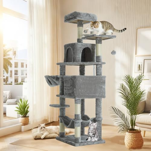 61 Inch Cat Tree with Platform & Hammock, Plush Perch Scratcher & Playhouse - Image 6