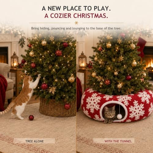 Christmas Snowflake Cat Tunnel Bed Under Tree, Velvet Jacquard, 10"x3 Ft - Image 3