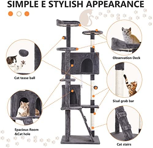 BestPet | 70" Cat Tree Tower | Light Gray | Sturdy Multi-Level Cat Tree - Image 6