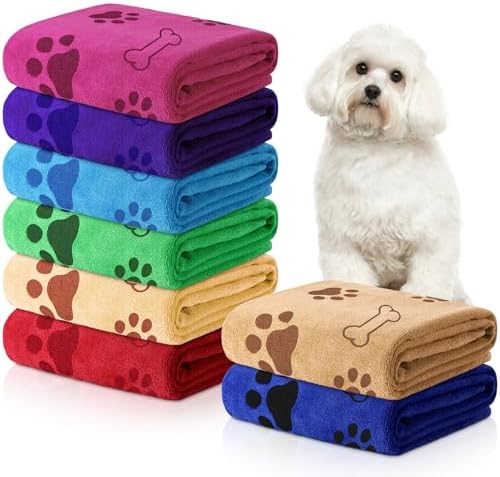 8 Pcs Dog Towel for Drying, 40 x 24 Inch, Dog Paw and Bone, Bright Color by Chumia