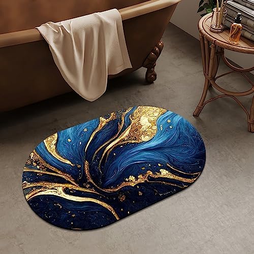 Blue and Gold Marble Texture Super Absorbent Quick-Drying Bathroom Mat Rug - Image 2