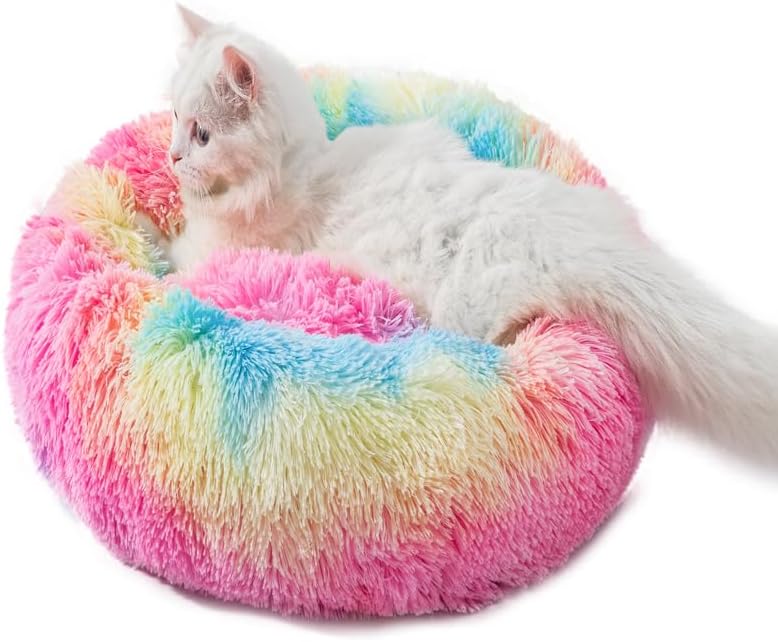 Cat Beds for Indoor Cats, 20inch Calming Dog Bed Rainbow Donut & Orthopedic Pet - Image 2