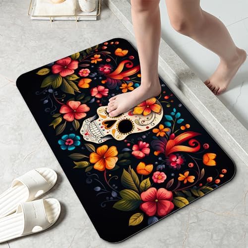 Skull Flowers Bathroom Mat, Non-Slip Rubber Backing Thin Low-Profile Bath Rug by Unknown