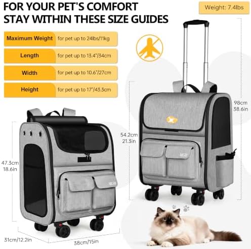 MGB Pet Carrier with Wheels, Rolling Cat Carrier Gray - Image 2