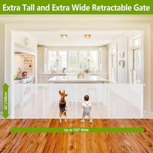 Reinforced 42" Tall 155" Retractable Baby Gates Extra Wide Dog Gate - Image 3