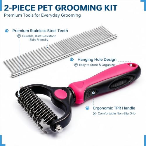 Pet Grooming Comb, Deshedding Dog Brush & Undercoat Rake, Rose Red - Image 4