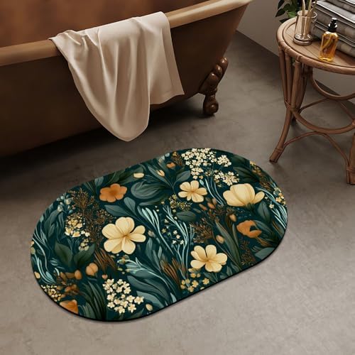 Dark Teal Leaves Flowers Super Absorbent Quick-Drying Bathroom Mat Rug - Image 2