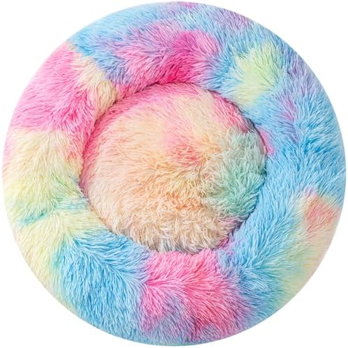 Calming Cat Bed for Indoor Cats, 19.5inch Rainbow Donut & Orthopedic Pet Bed by Fhodigogo