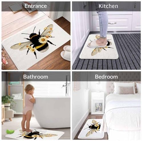 Bee Bath Rugs Wings Flowers Yellow Bee Bug Animal Microfiber Bathroom Mat Soft - Image 4