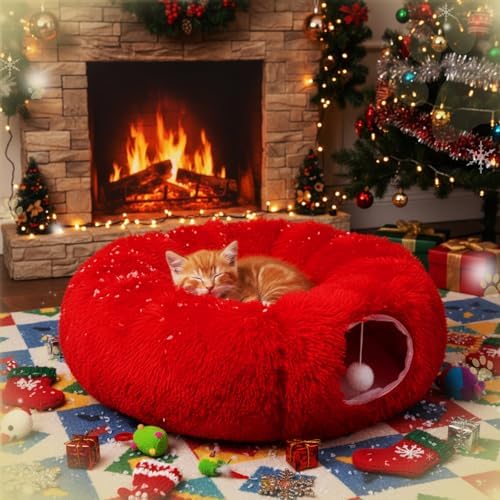 Thyle Red Plush Christmas Cat Tunnel Bed, 3ft X 3ft X 9.8in - Image 6