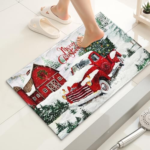 Giwawa Red Truck Bath Rug Winter Pine Tree Bathtub Mats 20X32 Inch Non Slip - Image 2