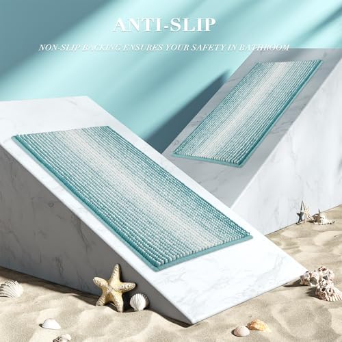 BSICPRO Large Chenille Bathroom Rugs, 24x43 Striped Bath Mats, Aqua Green - Image 3
