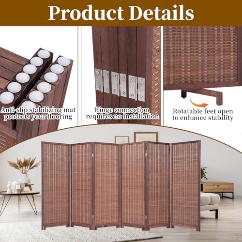 Bamboo Room Divider 6 Panel 47" H, 360°Rotating Feet Privacy Screen - Image 6