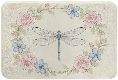 Floral Frame and Dragonfly Bath Rugs Microfiber Bathroom Mat Soft Plush Shaggy by Unknown