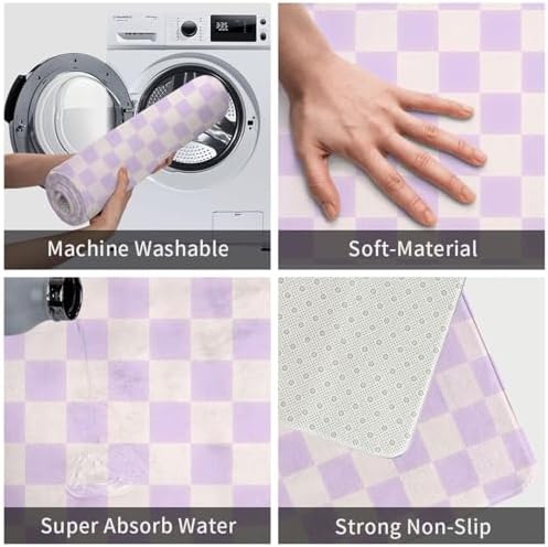 Purple Checkered Grid Bath Mat Non-Slip Soft Microfiber Bathroom Rugs Washable - Image 6