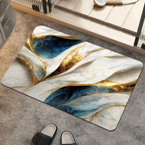 Bath Mat Rug, Abstract Blue and gold marble Non Slip Quick Dry Super Absorbent by ZHUZHISHAN