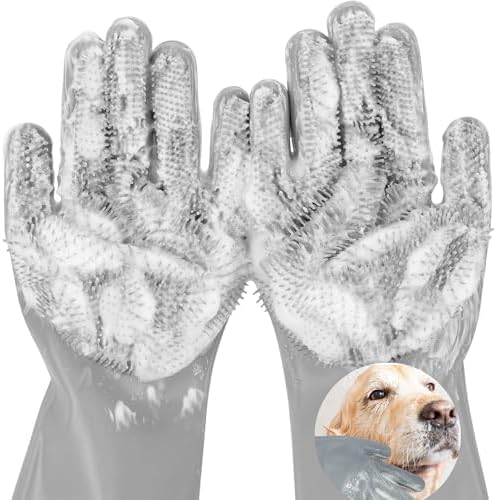 Pet Grooming Gloves, 5-Finger Silicone Dog Bath Scrubber by AKEISHE