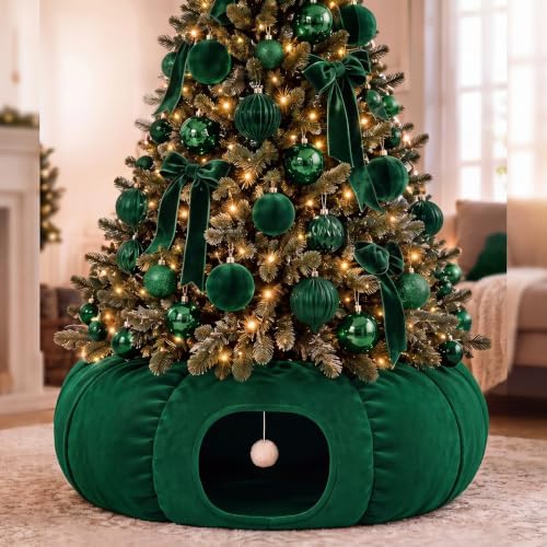 Christmas Tree Cat Tunnel 36 in Donut Bed, Green, Velvet, Fluffy by SilTriangle