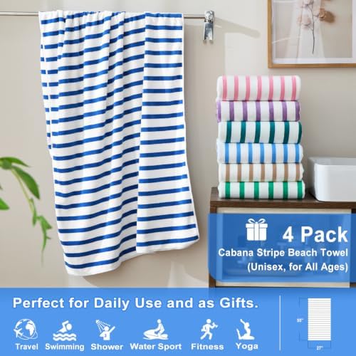 JML Microfiber Beach Towels, 4 Pack, Cabana Stripe Dark Blue - Image 2