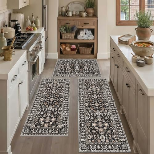 Washable Kitchen Rugs Sets of 3 Kitchen Mat 3PC Non Slip Runner Black by NYZEL