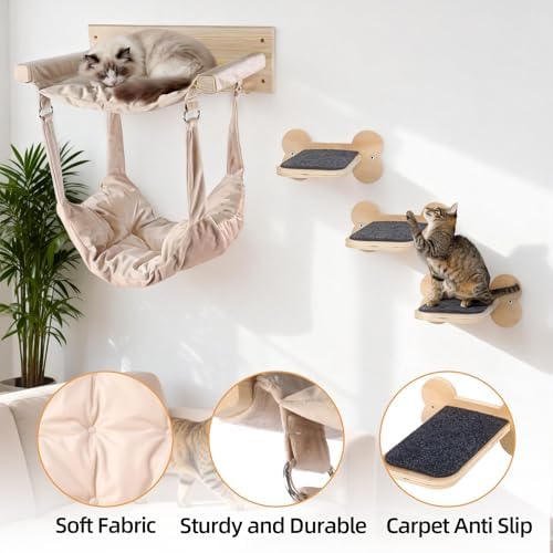 Beige Wall Mounted Cat Double Hammock & 3 Steps, Pine Climbing Shelf & Perch Set - Image 6