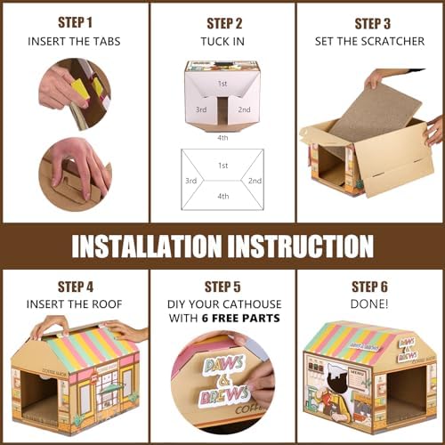 SEKAM Cardboard Cat House with Scratcher/Catnip, Kitty Coffee Shop - Image 6