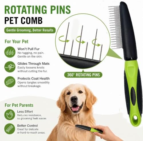 Dog Comb for Shedding & Dematting, Rotating Pins, 8.7 in - Image 3