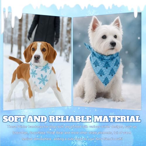 Preboun 100 Pcs Winter Dog Bandanas Bulk, Blue and White Snowman Snowflakes - Image 2