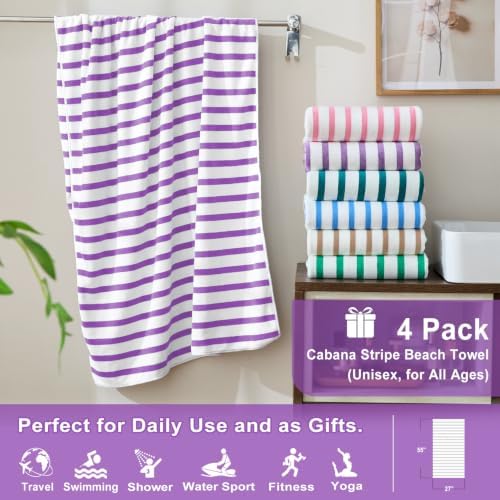 JML Microfiber Beach Towels, 4 Pack, Cabana Stripe Purple - Image 2