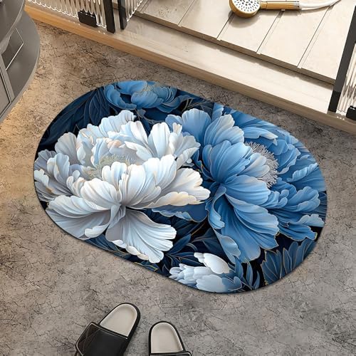 White and Blue Peony, Super Absorbent Quick-Drying Bathroom Mat Rug, Rubber by ZHUZHISHAN