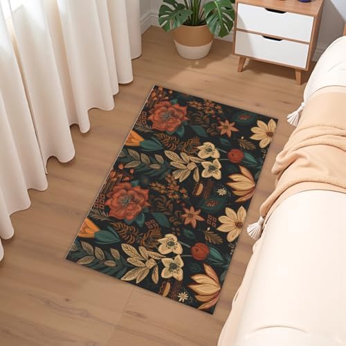 Giwawa Boho Floral Bath Rug Black Mid Century Bathtub Mat Absorbent Non Slip - Image 6