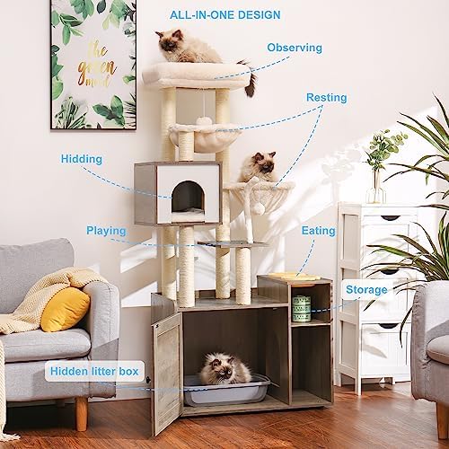 Hey-brother Cat Tree Tower, Wooden Litter Box Enclosure and Condo - Image 2