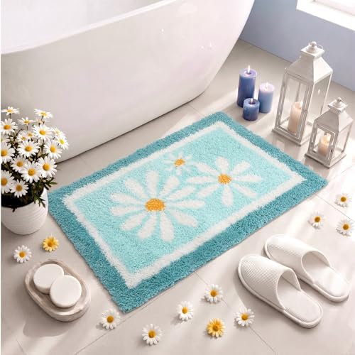 Boao Teal Daisy Coastal Bathroom Rug Tufted Non Slip Bath Mat 24x16 Inches by Boao