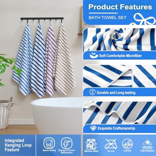JML Microfiber Beach Towels, 4 Pack, Cabana Stripe Dark Blue - Image 3