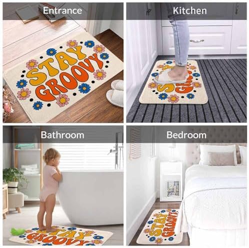 Seventies Retro Stay Groovy Bathroom Mat Rugs Hippie Flowers in Circle Print - Image 4