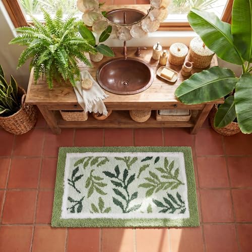 Boao Sage Green Bathroom Rug Tufted Leaf Bath Mat Non-Slip Soft Absorbent - Image 6