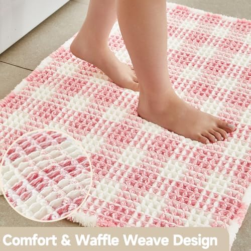 TYUU Waffle Bath Mat, Small Cute Bathroom Rug Non Slip, 24x16 Pink & White - Image 4