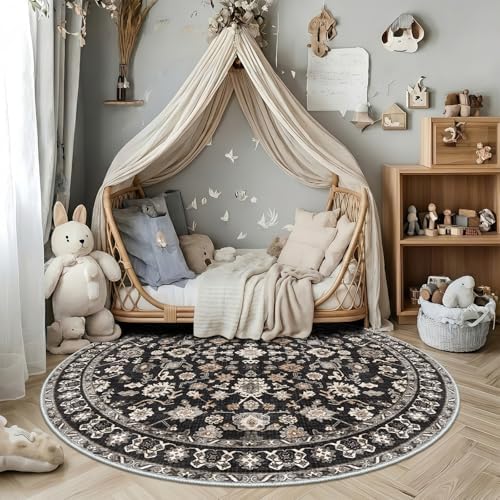 4ft Round Area Rug for Dining Table Non-Slip Washable Floor Mat Black - Image 2