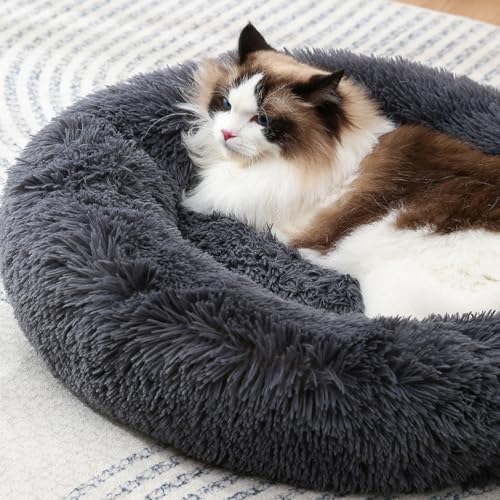 Round Donut Cat Bed Dog Bed Plush Calming Pet Beds Fluffy Rabbit Cave Warm Dog - Image 3