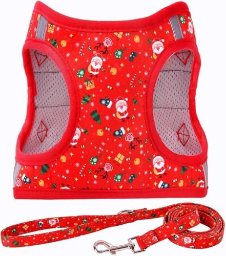 Step in Christmas Xmas Day Dog Harness Leash Set- All Weather Reflective by MOONPET