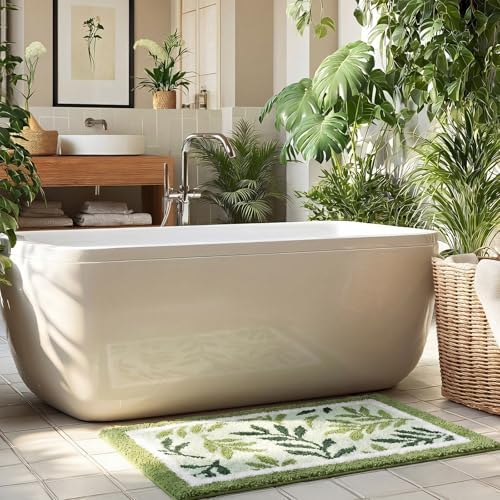 Boao Sage Green Bathroom Rug Tufted Leaf Bath Mat Non-Slip Soft Absorbent - Image 5