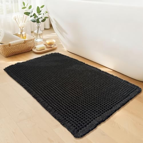 Black Bathroom Rug, Waffle Bath Mat Non Slip Washable by GRLYUH