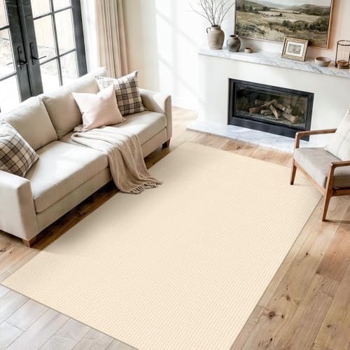 Waffle 4x6 Living Room Rug: Washable Non Slip Textured Area Rug Beige-Cream - Image 3