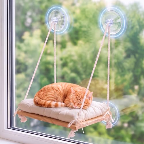 Cat Window Perch Hammock with Upgraded 4 Suction Cups Soft Cushion Wood Bed - Image 6