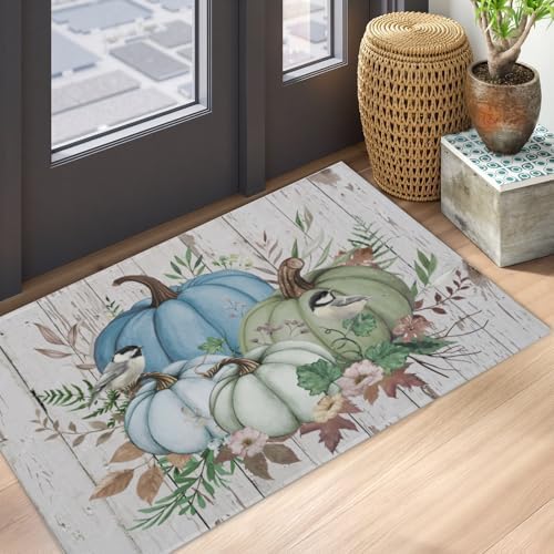 Giwawa Blue Pumpkin Bath Rug Autumn Leaves Bathroom Mat Non Slip Absorbent - Image 5